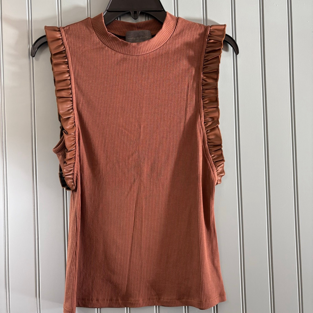 Sunday in Brooklyn Ribbed Tank Top M Brown Ruffle